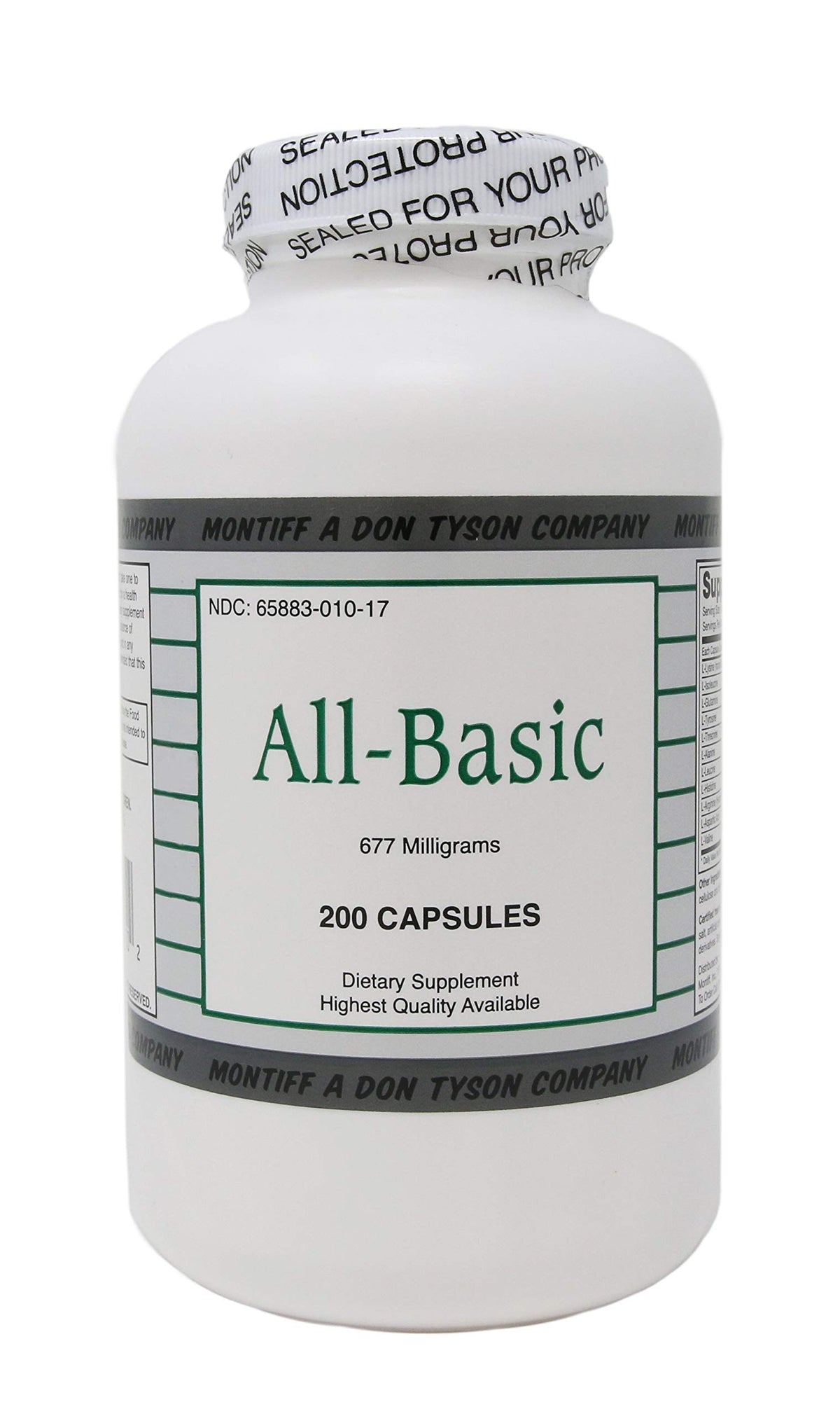 Montiff All-Basic 677 mg bottle front view highlighting amino acid blend for daily support