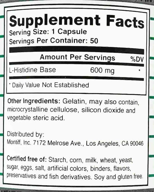 Montiff L-Histidine capsules close-up showing easy-to-swallow form