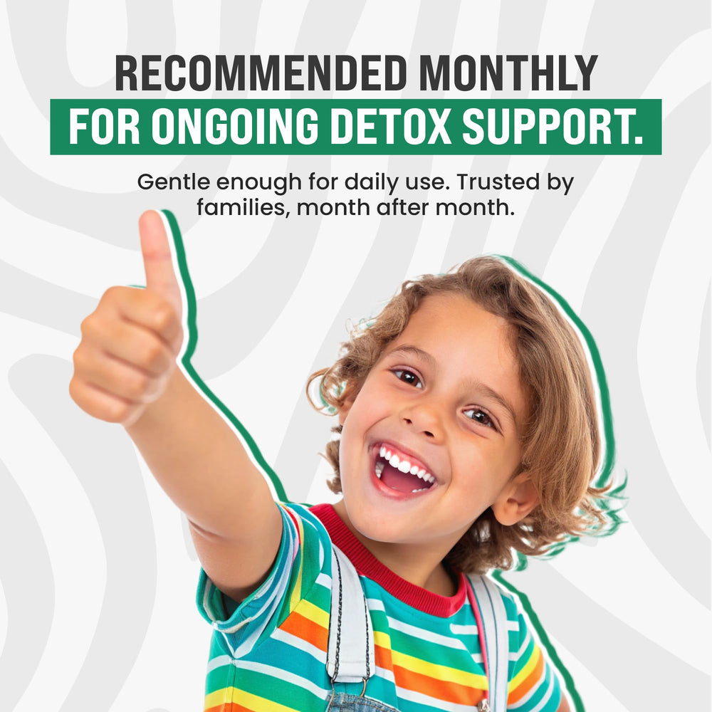 Monty Zeolite Detox Kids immunity and energy support icons highlighted
