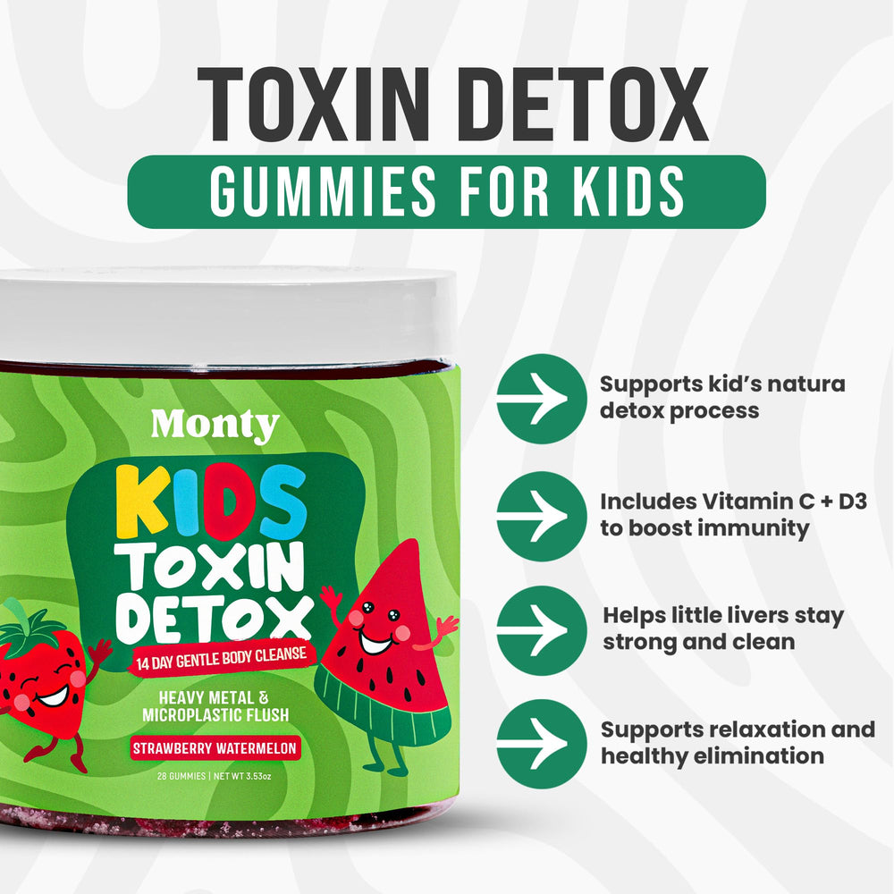 Monty Zeolite Detox Kids packaging on kitchen counter for easy routine