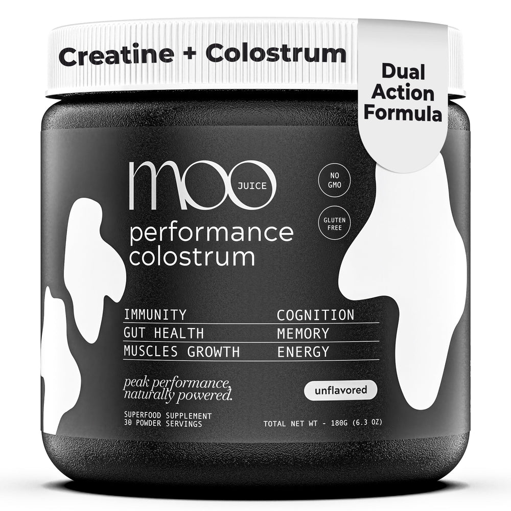 Moo Juice Colostrum Powder bottle for daily wellness and energy.