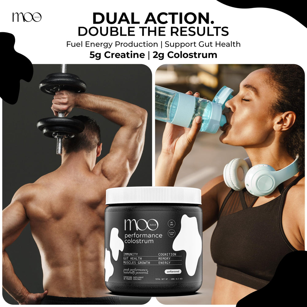 Moo Juice Colostrum Powder being added to a shake for convenience.