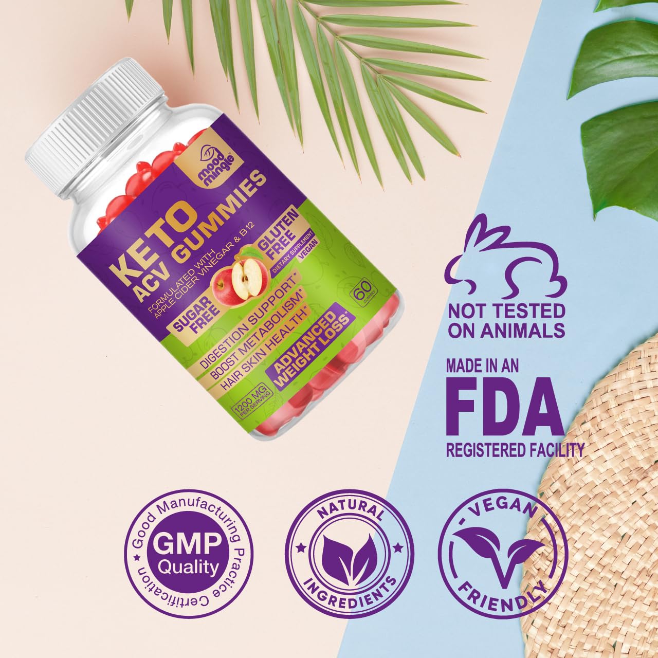 Mood Mingle Keto ACV Gummies lifestyle shot with a user taking a gummy.