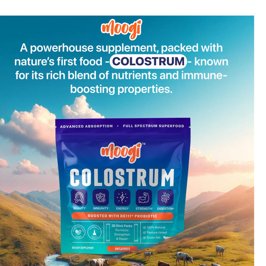 Moogi colostrum with DE111 probiotic label supports gut balance and immune-friendly wellness.