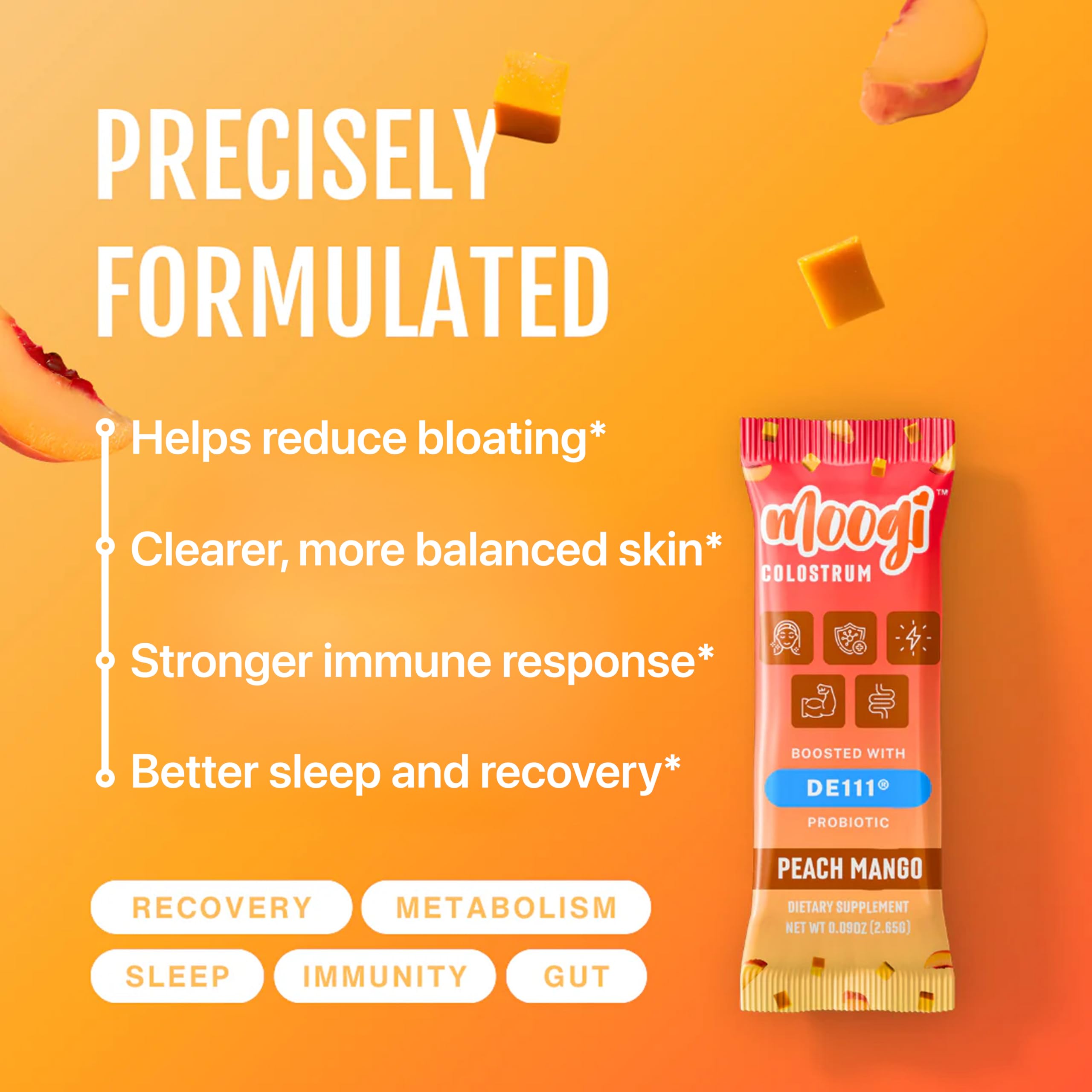 Moogi grass-fed colostrum powder bottle highlighting premium ingredients.