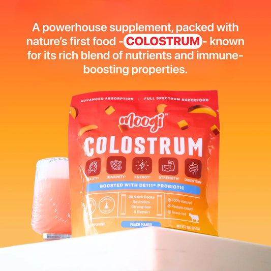 Moogi Peach Mango stick-pack dissolving in water for easy mix.