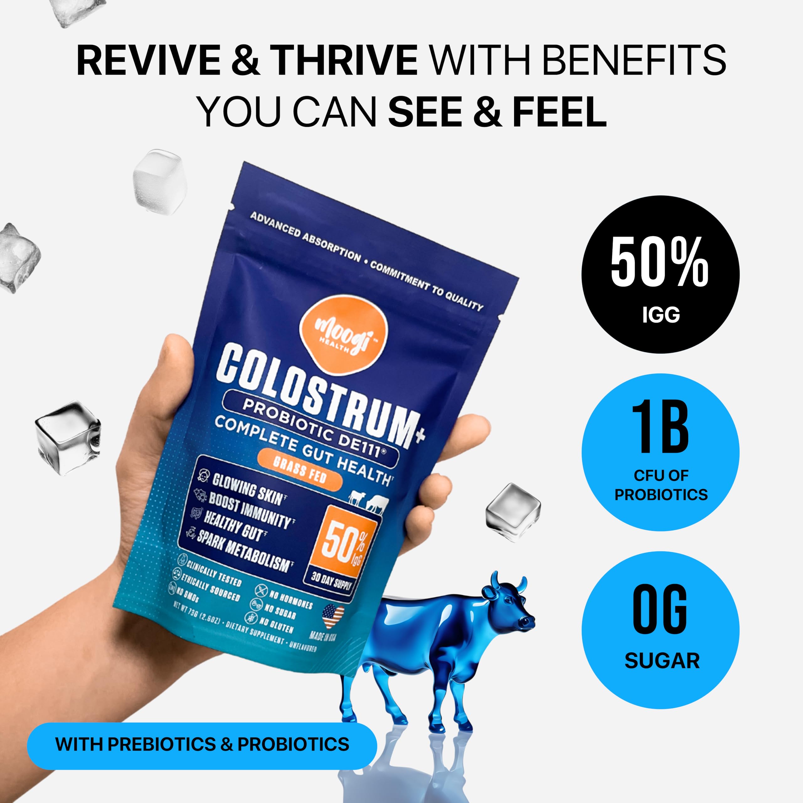 Moogi Performance+ bottle label close-up highlighting grass-fed colostrum quality