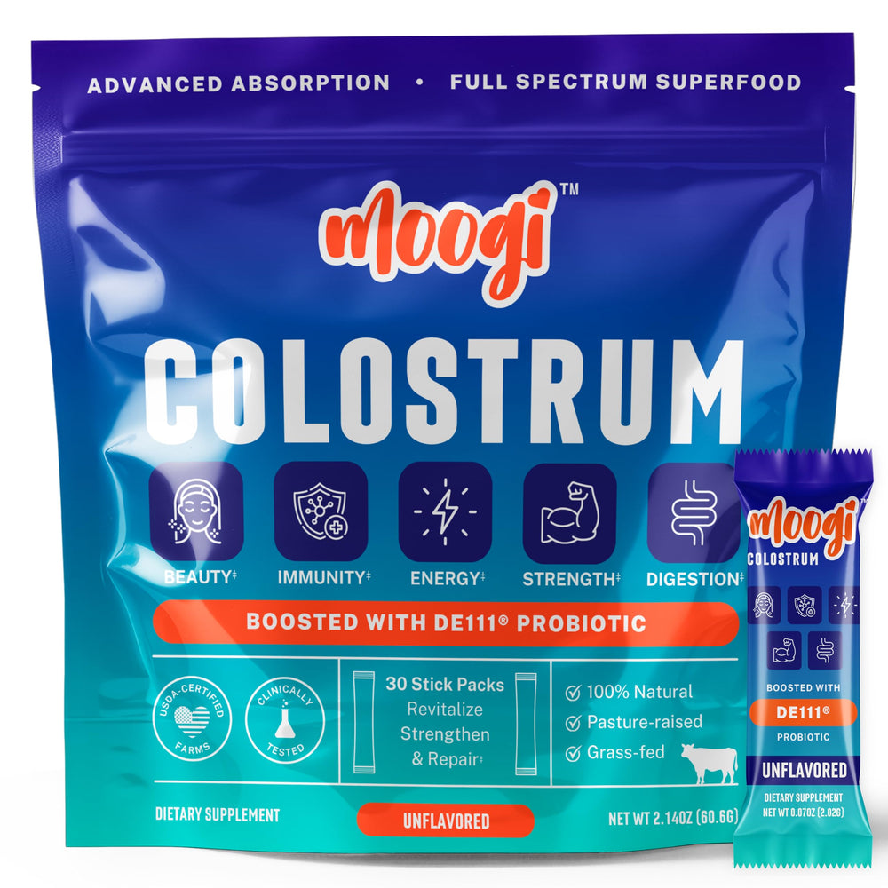 Moogi Premium Colostrum Powder packaging with unflavored sticks for on-the-go wellness.