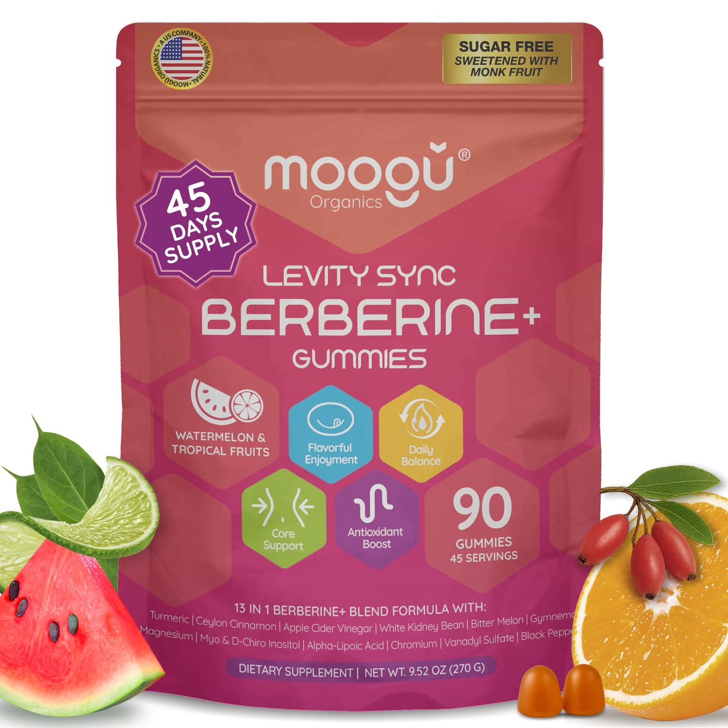 Moogu Berberine Mega Formula gummies packaging highlights high absorption DHB