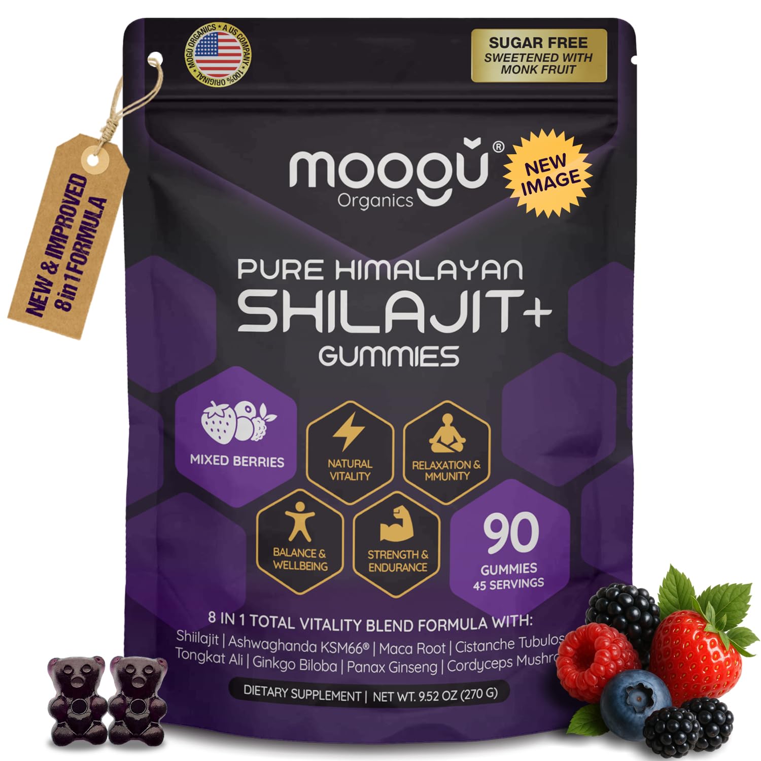 Moogu Organics Shilajit gummies bottle showcases sugar-free berry flavor and energy support.