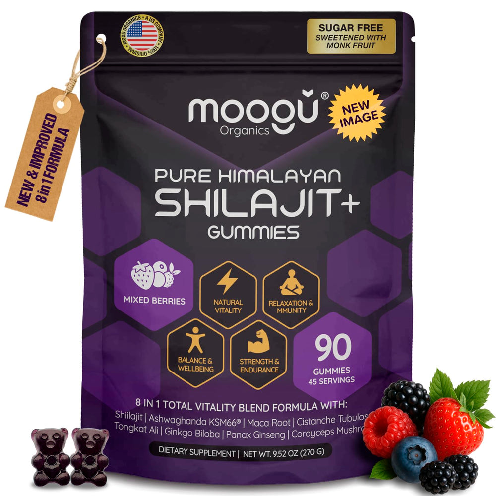 Moogu Organics Shilajit gummies bottle showcases sugar-free berry flavor and energy support.