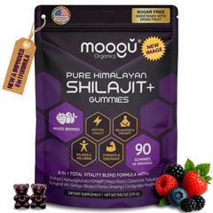 Moogu Organics Shilajit gummies bottle showcases sugar-free berry flavor and energy support.