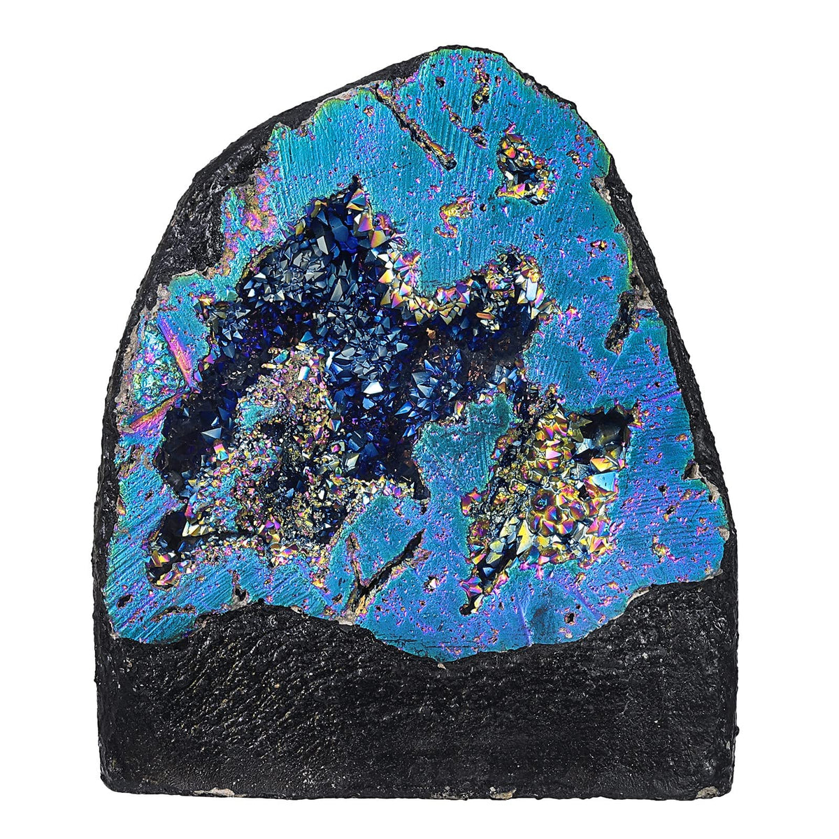 mookaitedecor Angel Aura Quartz Geode Cluster shines iridescently for meditation ambiance