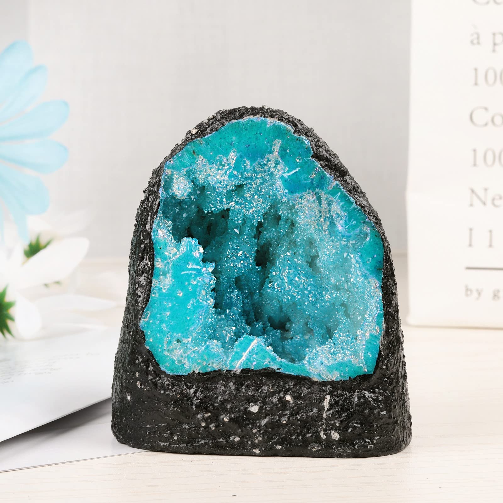 Mookaitedecor Angel Aura Quartz cluster adds shimmering color to desk or shelf, enhancing ambience.