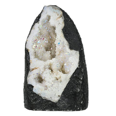mookaitedecor Angel Aura Quartz Geode under sun highlights iridescent colors for vibrant decor