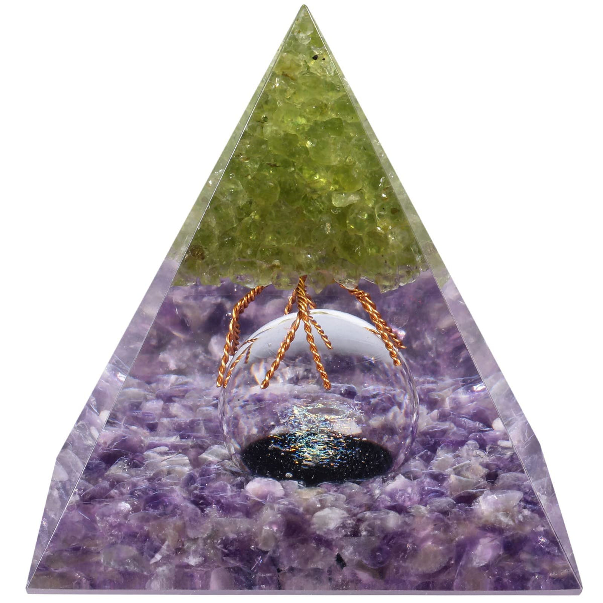 MookaiteDecor Peridot Tree of Life Orgone Pyramid with Amethyst Ball enhances meditation space.