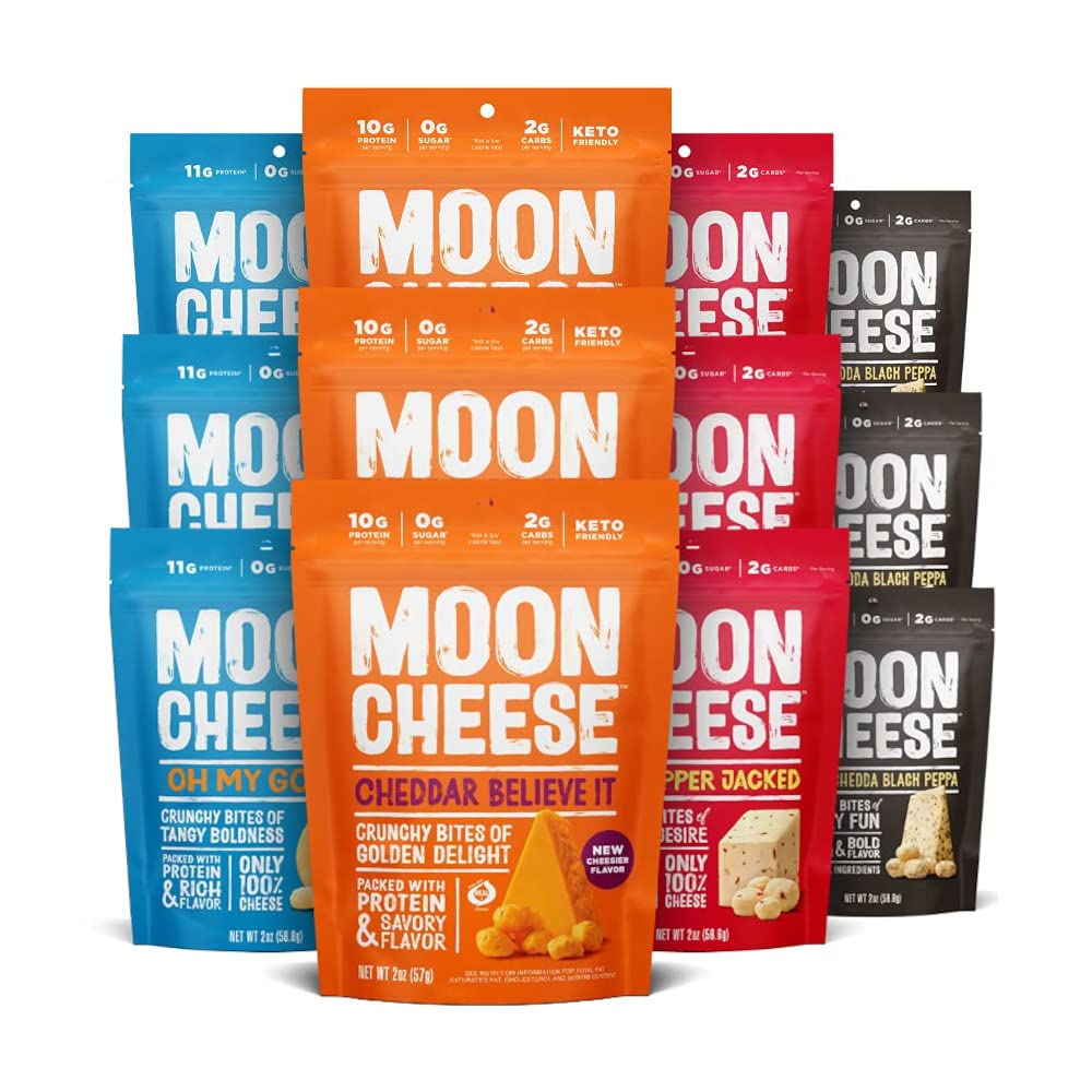 Moon Cheese Bites cheddar believe it bag showcases a savory, protein-packed snack option