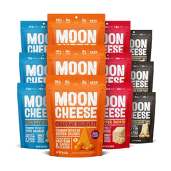 Moon Cheese Bites cheddar believe it bag showcases a savory, protein-packed snack option