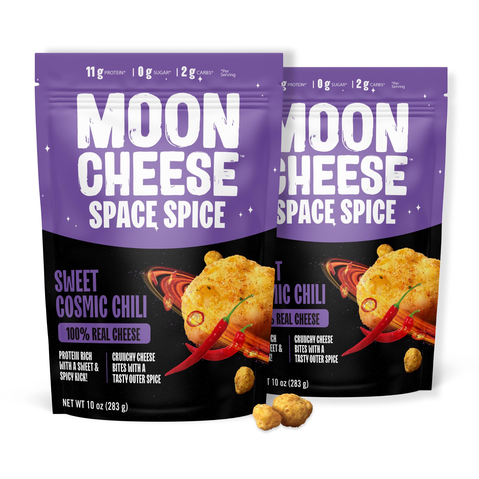 Moon Cheese Space Spice bag front shows high-protein cheese crunch for keto-friendly snacking