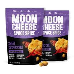 Moon Cheese Space Spice bag front shows high-protein cheese crunch for keto-friendly snacking