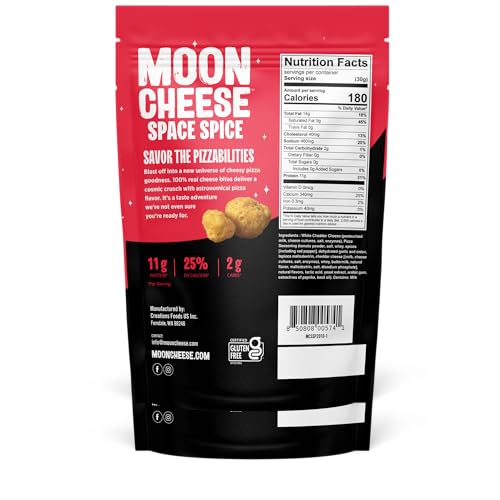 Moon Cheese Space Spice bag closeup, gluten-free crunch with real cheese