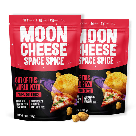 Moon Cheese Space Spice pizza bites, front view, protein-rich snack