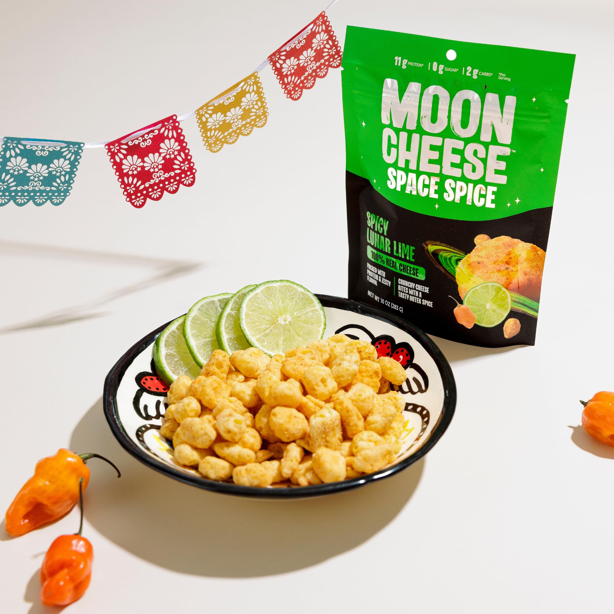 Moon Cheese Space Spice chips poured into a bowl for quick munch