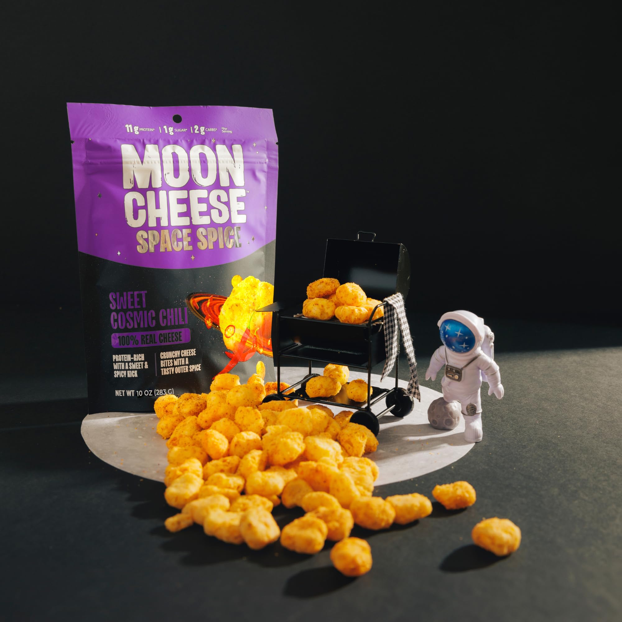 Moon Cheese Space Spice crunch snack on plate showcases keto-friendly, on-the-go munch