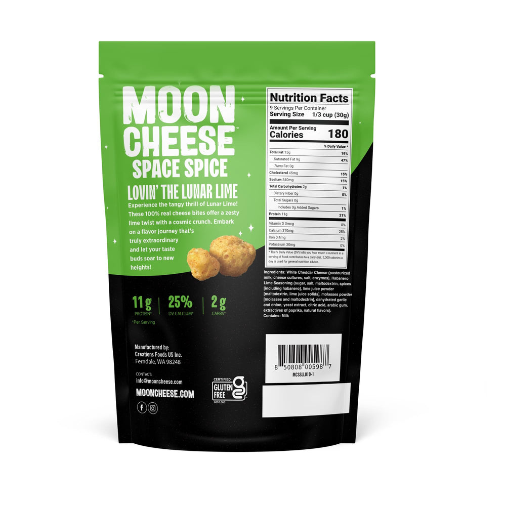 Moon Cheese Space Spice bag front with bold Spicy Lunar Lime label and keto appeal