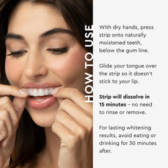 MOON Midnight Mint strips being applied on teeth for quick 15-minute wear.