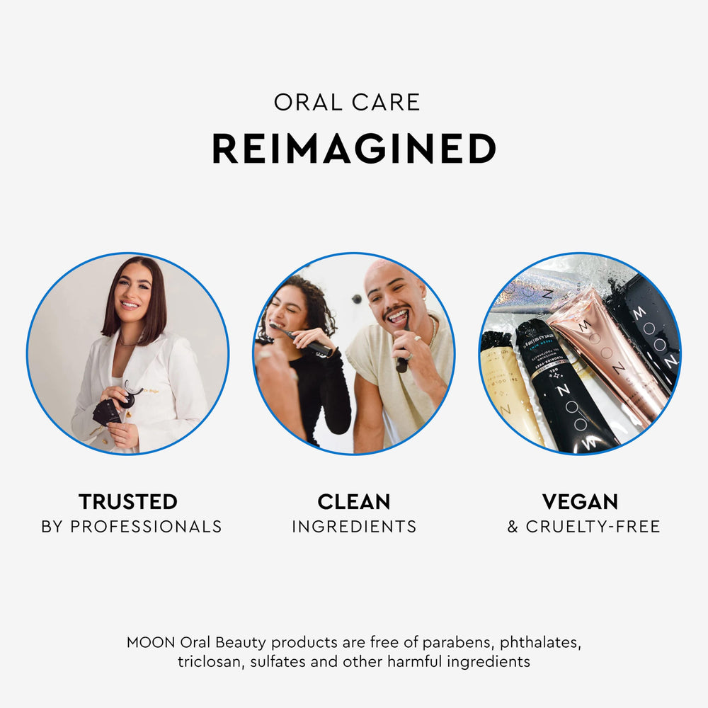MOON Midnight Mint travel sachet shows on-the-go whitening option.