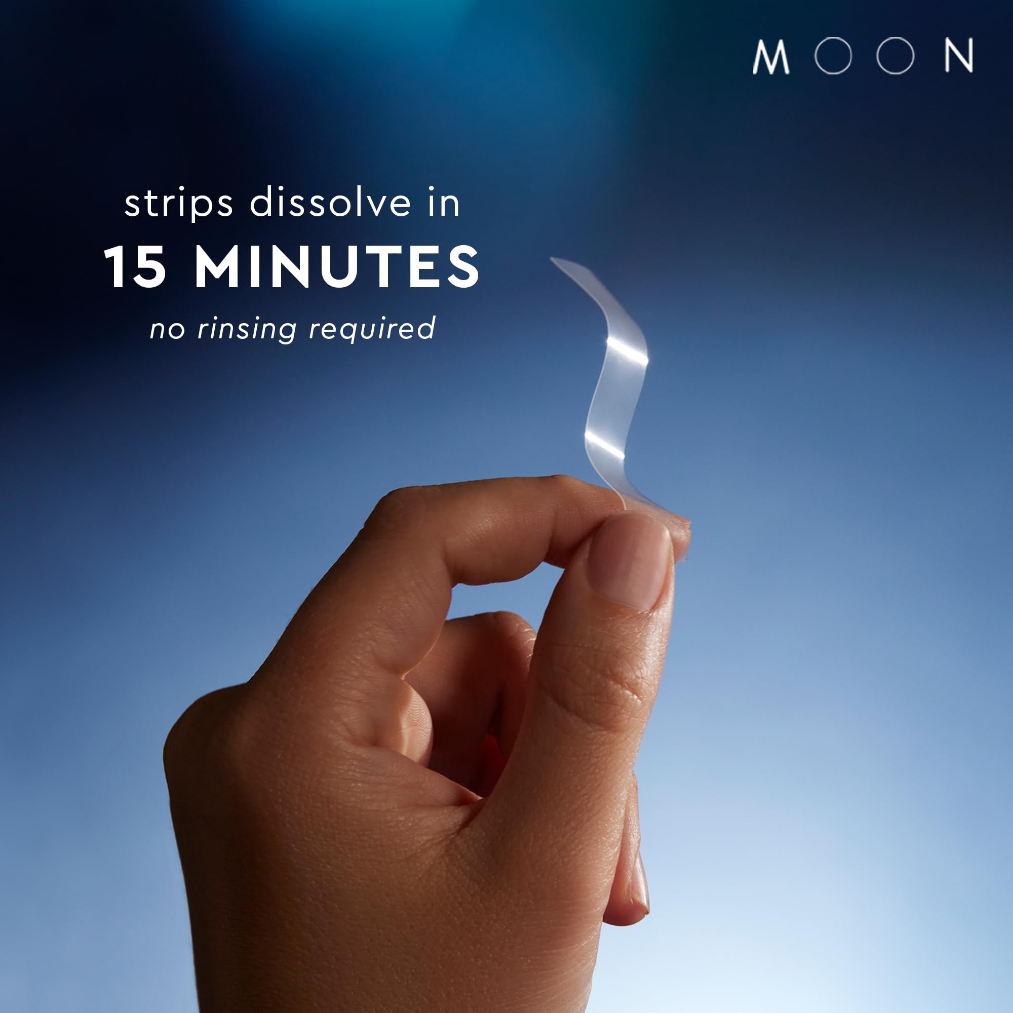 MOON dissolving strips on teeth demonstrating fast adhesion and no rinse