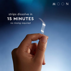 MOON dissolving strips on teeth demonstrating fast adhesion and no rinse