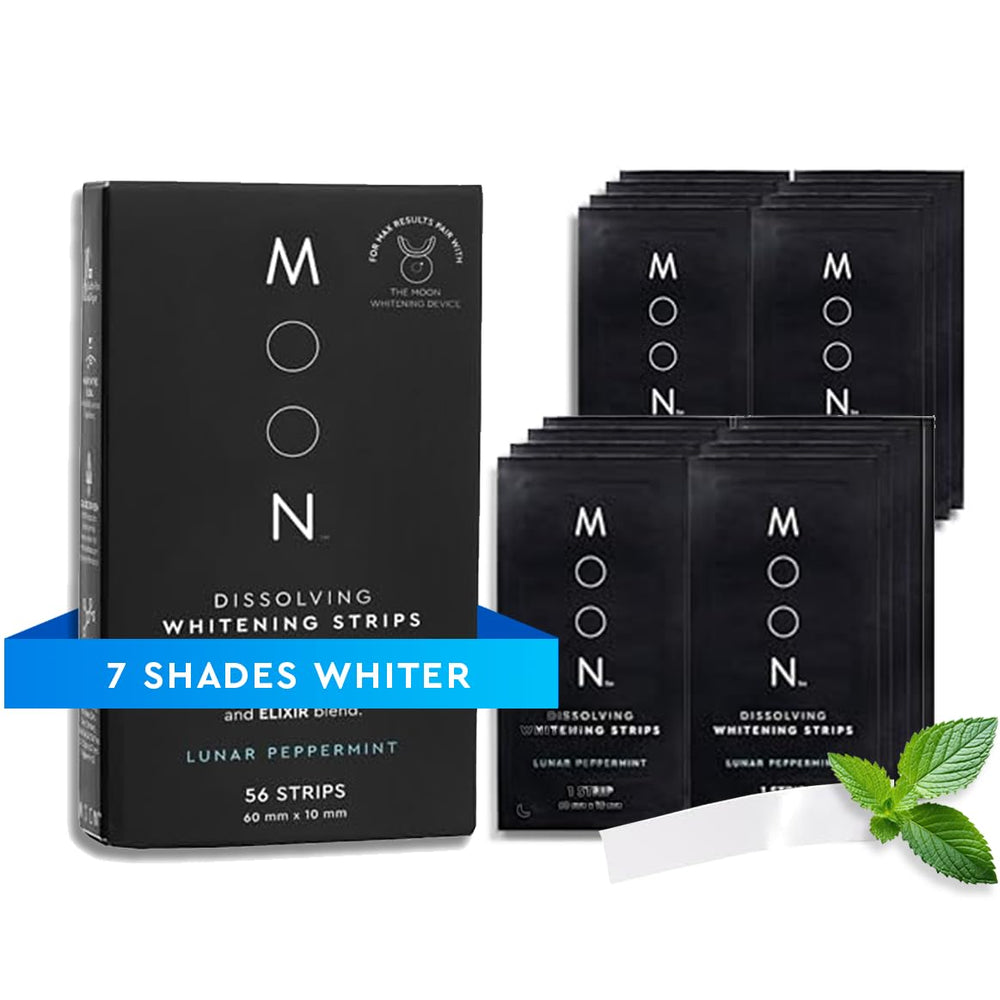 MOON dissolving strips package front; travel-friendly whitening