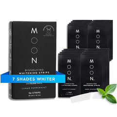 MOON dissolving strips package front; travel-friendly whitening