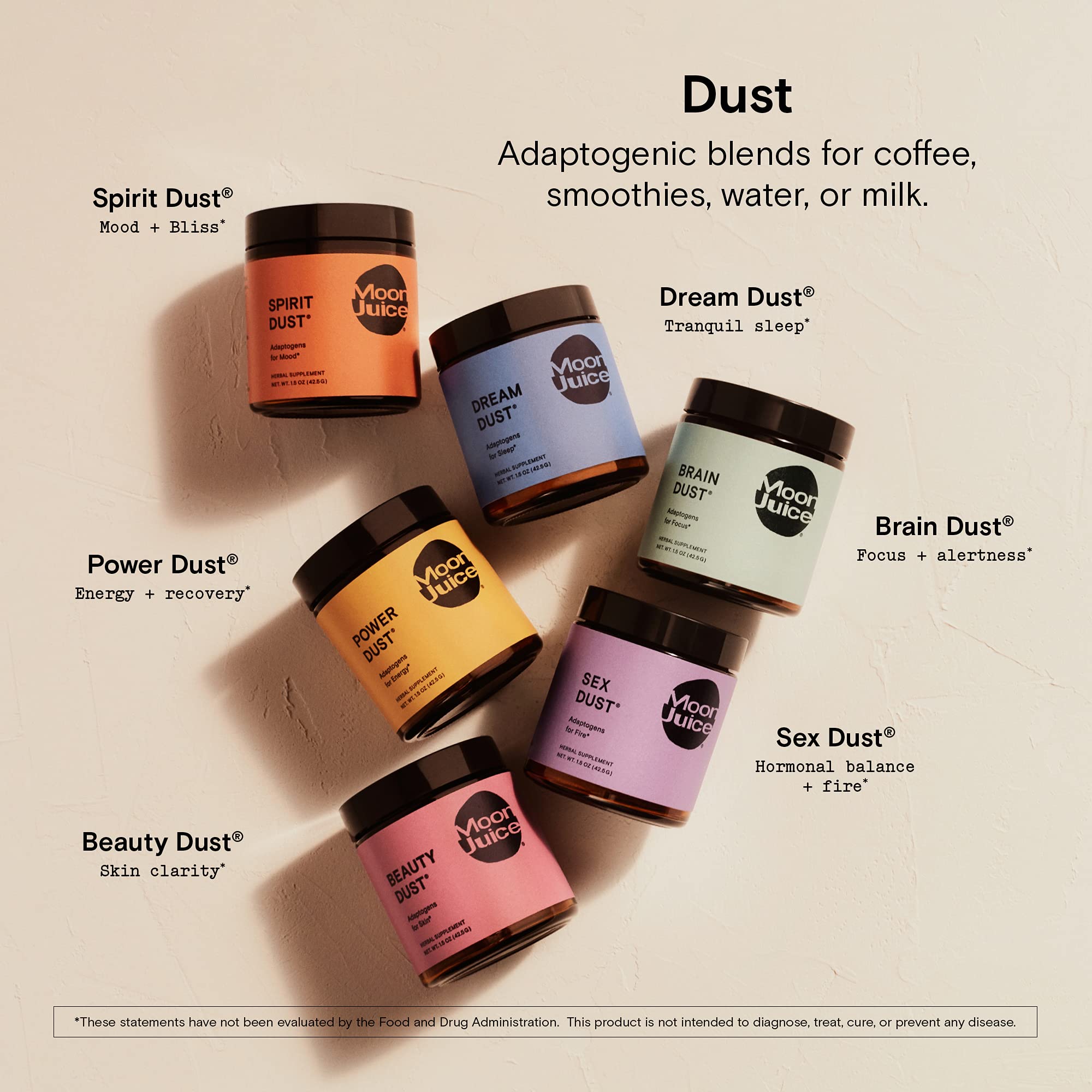 Moon Juice Brain Dust bottle-packaging study conveys brand quality and easy daily integration.