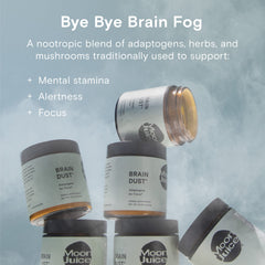 Moon Juice Brain Dust mushroom-coffee mix suggests a smooth ritual for alert, balanced mornings.
