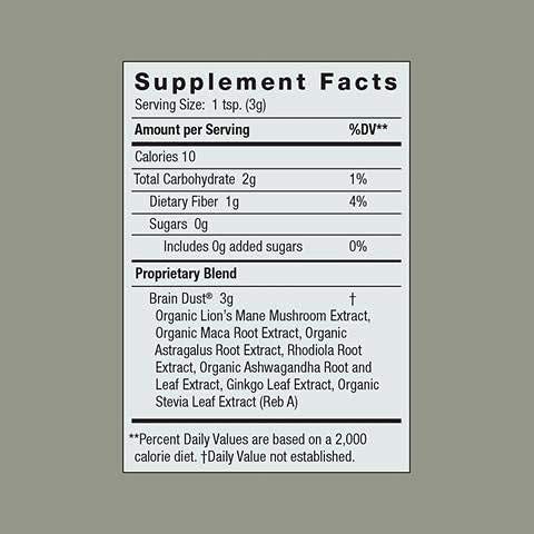 Moon Juice Brain Dust powder scene highlights caffeine-free adaptogens for focused moments.