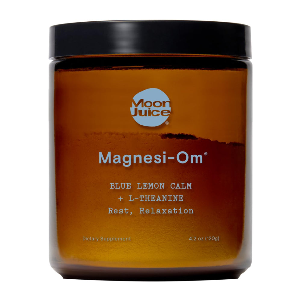 Moon Juice Magnesi-Om bottle label highlights chelated magnesium blend for calm support.