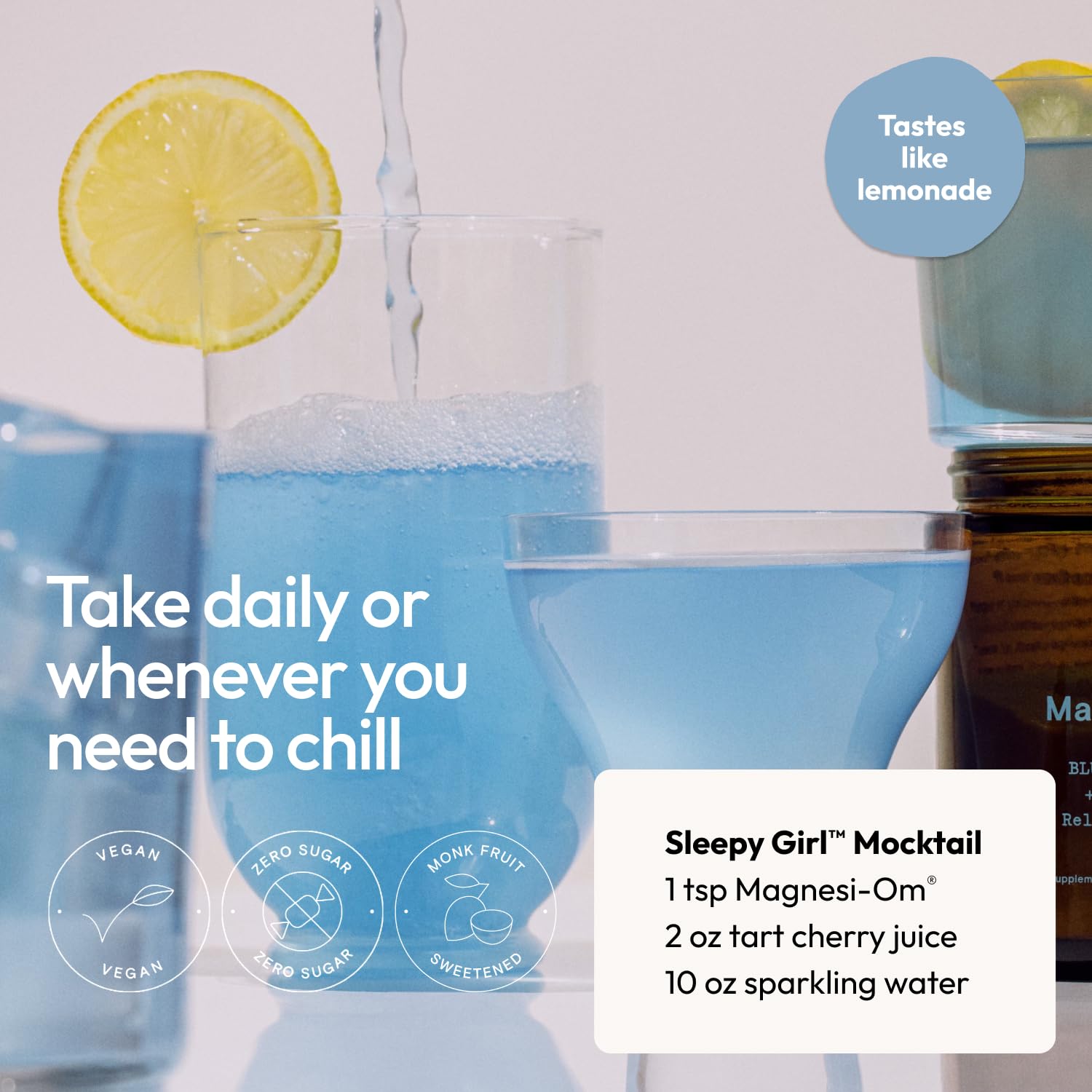 Moon Juice Magnesi-Om glass of water with lemon showing a sleep-friendly ritual.