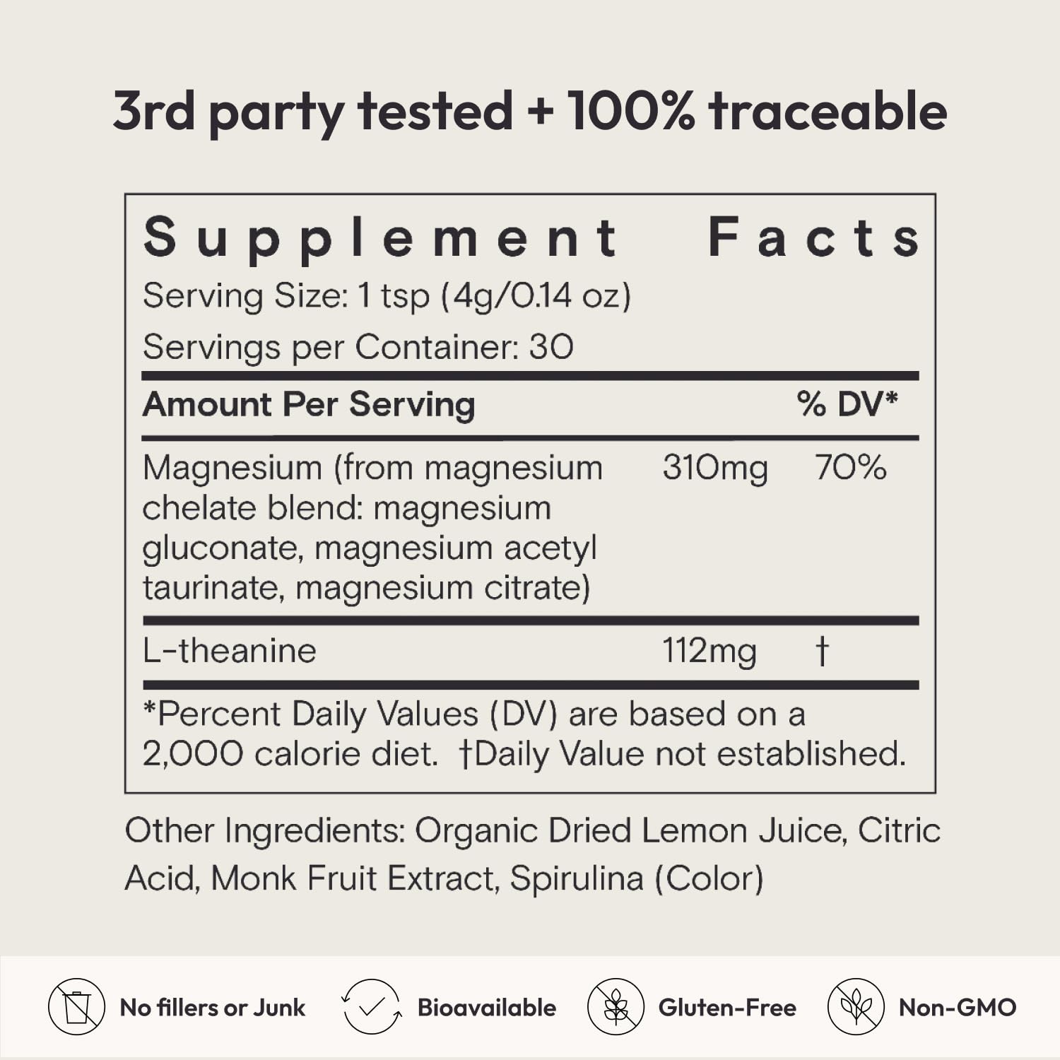 Moon Juice Magnesi-Om ingredients graphic emphasizing vegan and non-GMO ingredients.