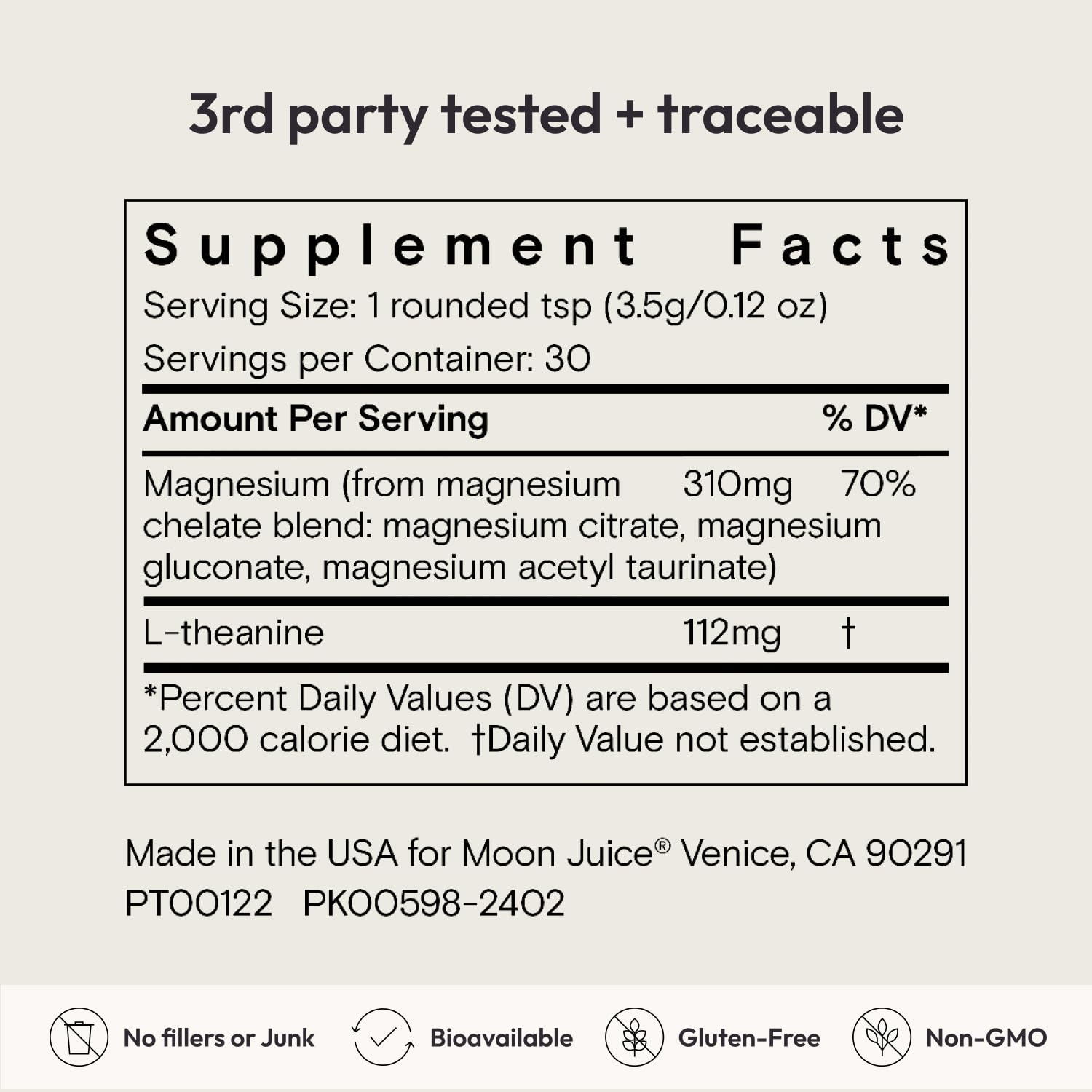 Moon Juice Magnesi-Om bottle close-up emphasizes vegan and non-GMO.