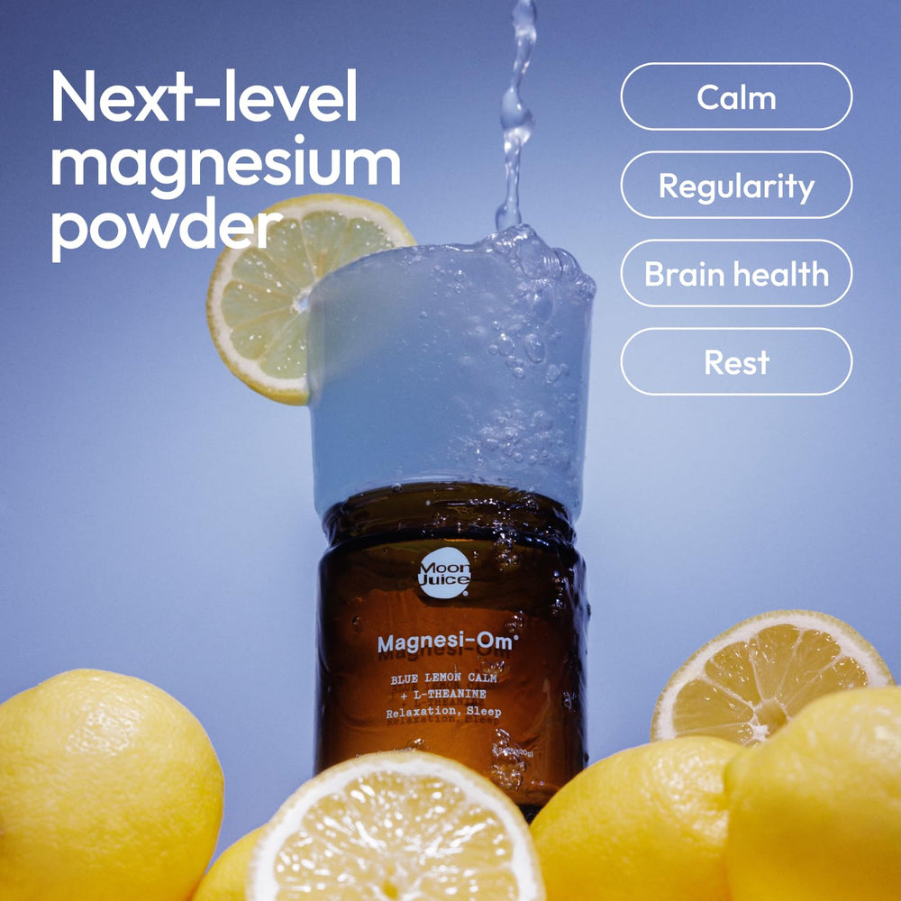 Moon Juice Magnesi-Om scoop beside jar for easy portioning and regular use.