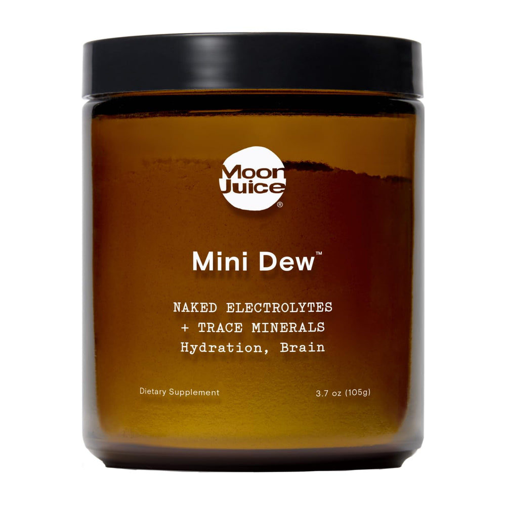 Moon Juice Mini Dew electrolytes powder bottle ready for hydration on the go.