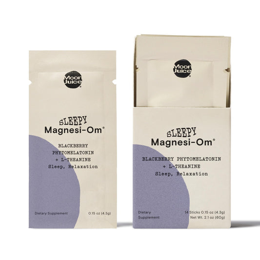 Moon Juice Sleepy Magnesi-Om bottle front shows a sugar-free bedtime formula for relaxation