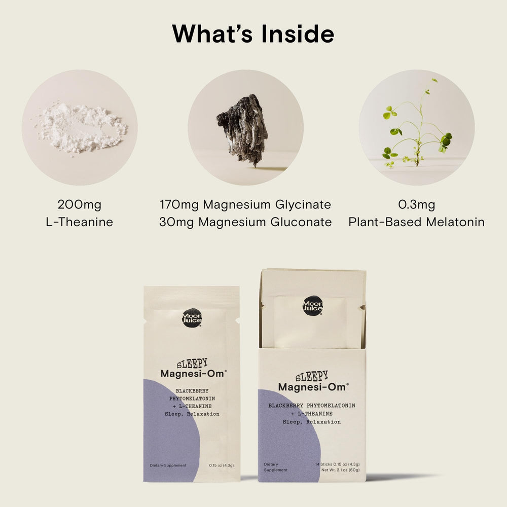 Moon Juice Sleepy Magnesi-Om powder pouch demonstrates plant-based sleep blend