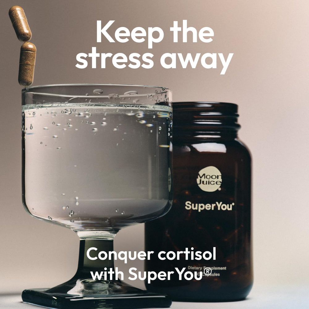 Moon Juice SuperYou capsules close-up highlighting adaptogenic blend for energy and mood.