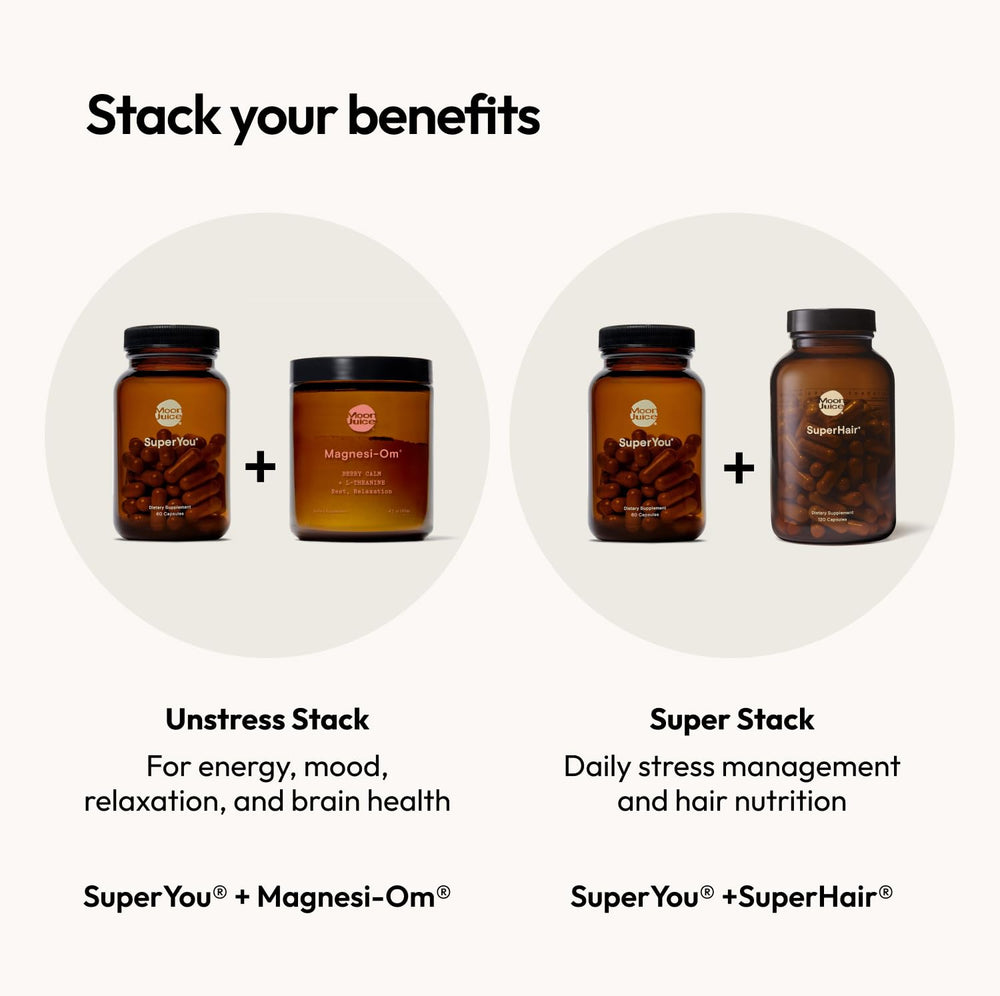 Moon Juice SuperYou supplement scene on a desk with bottle and capsules.