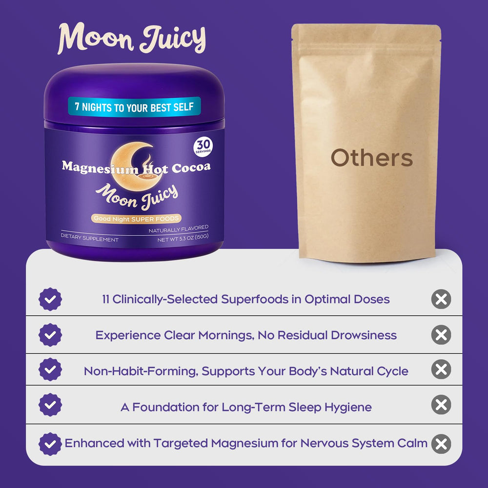 Moon Juicy prepared hot chocolate mug with steam and cozy ambience.