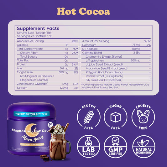 Moon Juicy hot cocoa cup steaming for a soothing bedtime ritual.